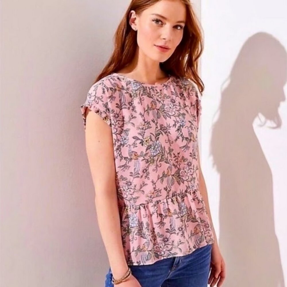 LOFT Floral Print Ruffle Cuff Peplum Top Pink Peacock Rococo S